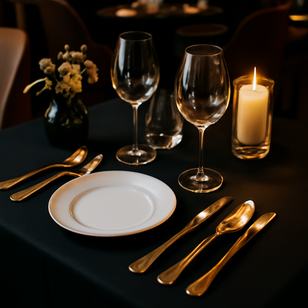 Table élégamment dressée avec couverts dorés