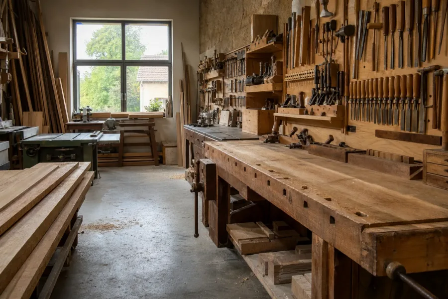 Atelier de menuiserie : établi, outils accrochés au mur et planches de chêne empilées