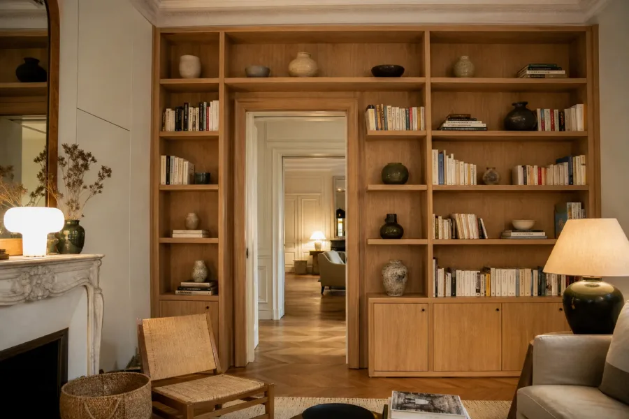 Bibliothèque en chêne du sol au plafond construite autour d'une porte de salon