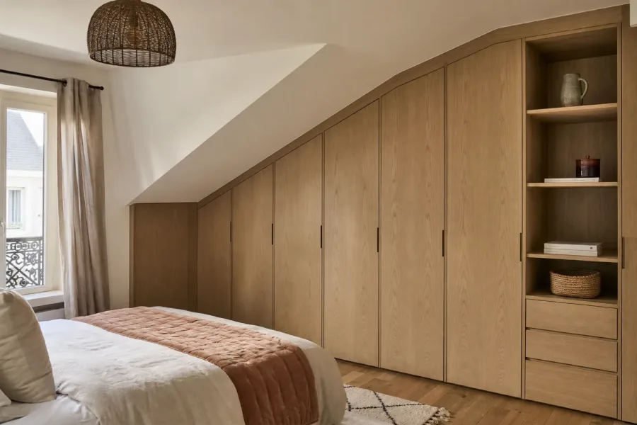 Dressing en chêne clair épousant la pente d'un plafond sous les combles
