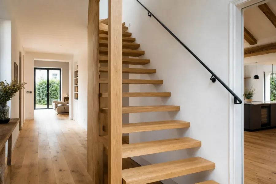 Escalier en chêne massif à marches ouvertes et rampe en acier noir, dans une maison lumineuse