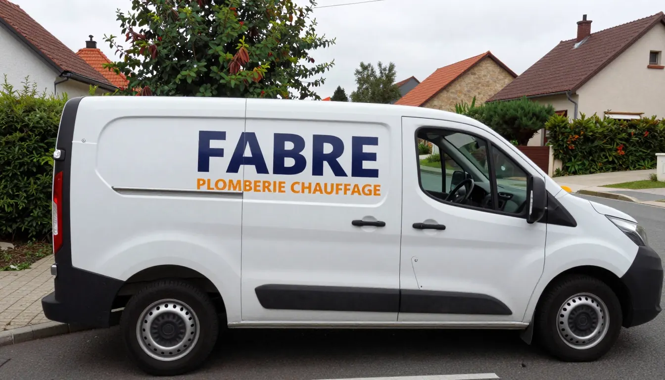 La camionnette blanche de Fabre Plomberie Chauffage garée dans une rue résidentielle