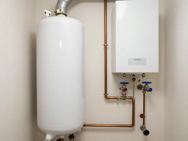 Chaufferie rangée avec ballon d'eau chaude, chaudière et tuyaux en cuivre alignés