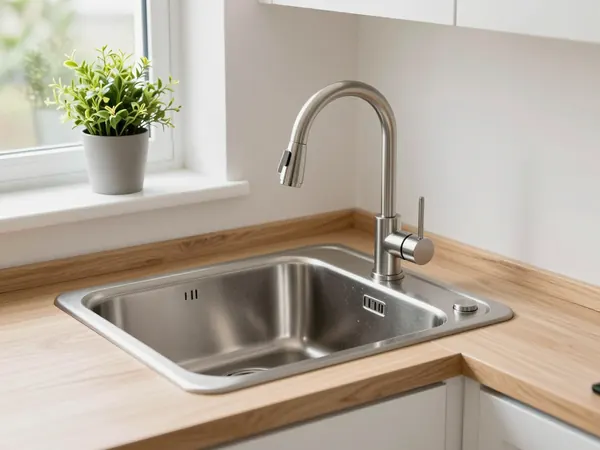 Évier en inox et robinet mitigeur sur un plan de travail en bois