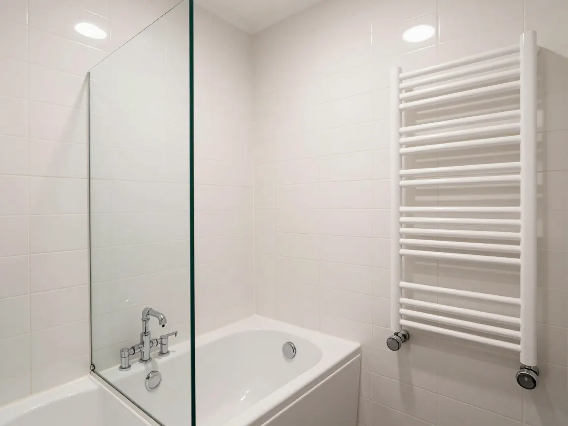 Petite salle de bain refaite avec carrelage blanc, baignoire et pare-douche en verre