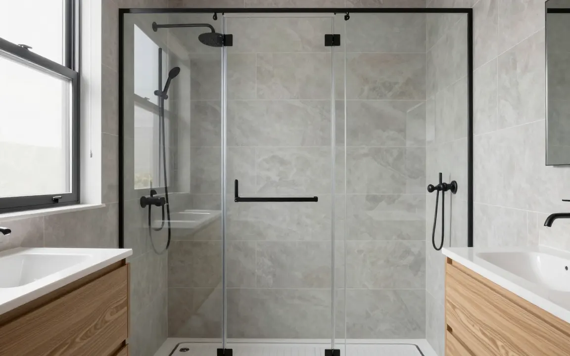 Salle de bain rénovée avec douche à l'italienne et meuble vasque en bois clair