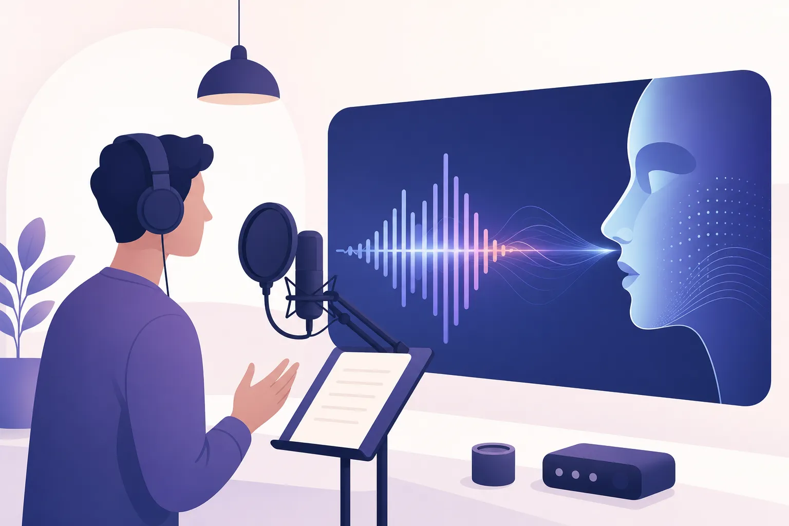 Comédien de doublage face à une forme d'onde vocale générée par IA, illustration des obligations AI Act