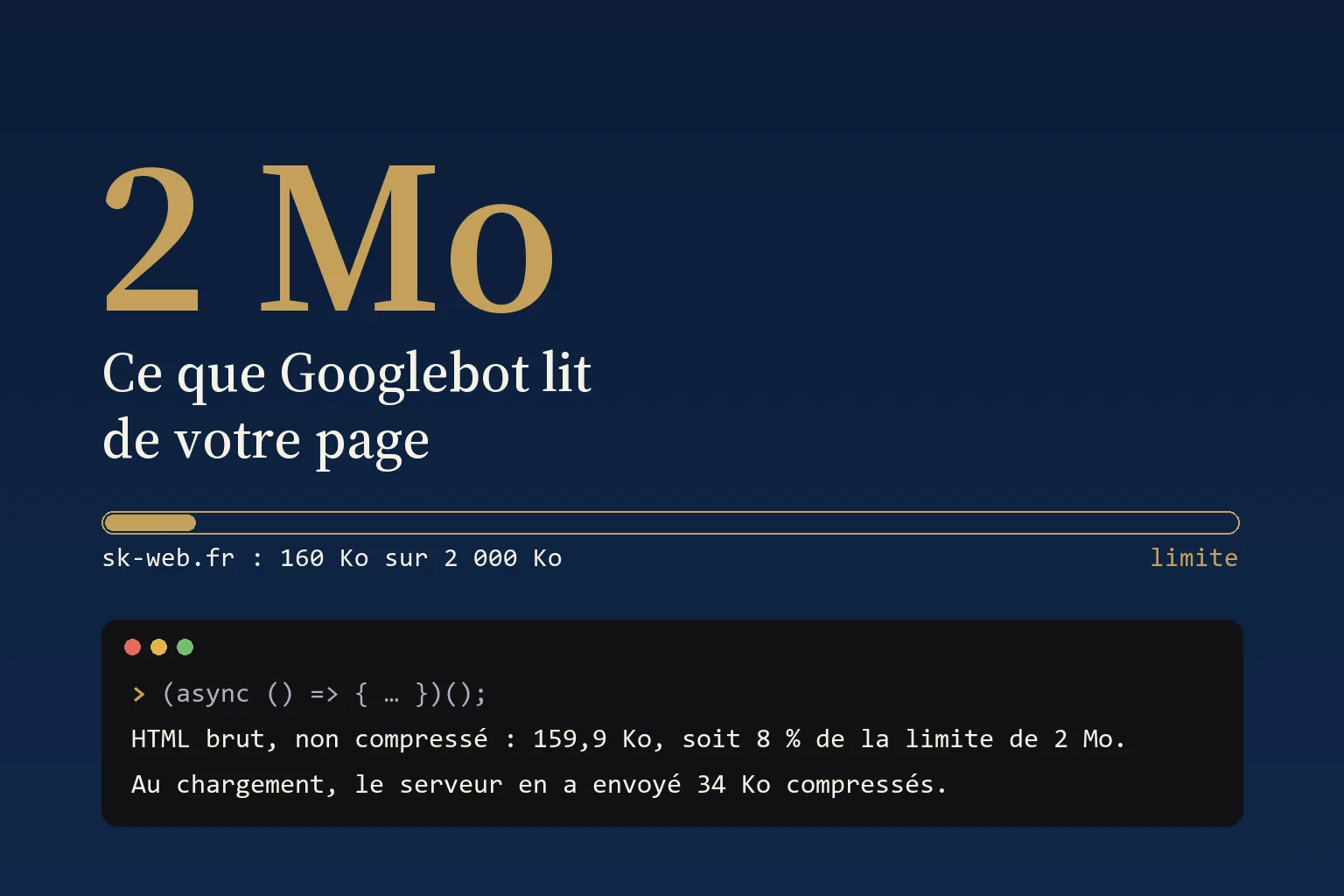 Googlebot lit les 2 premiers Mo d'une page : l'accueil de sk-web.fr pèse 160 Ko de HTML, soit 8 % de la limite (résultat du script 1 dans la console).