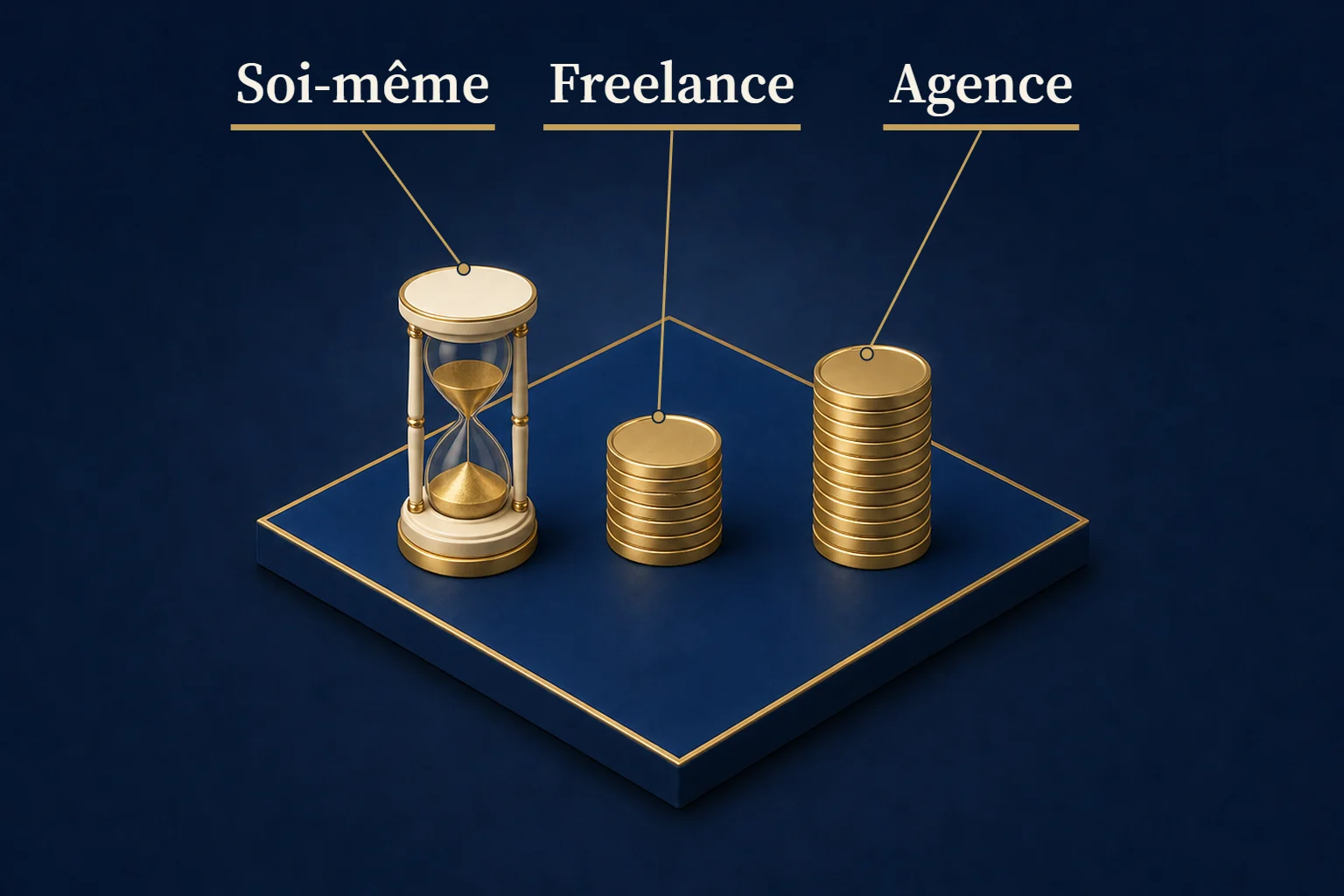 Prix d'un site d'artisan : soi-même, freelance ou agence, en piles de pièces.