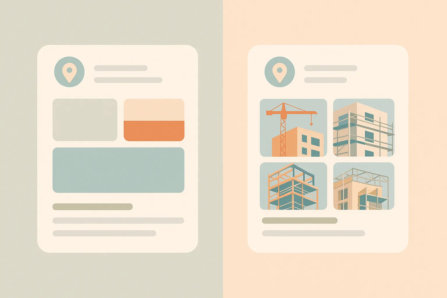 Comparaison fiche Google Business Profile avec peu de photos versus fiche optimisée avec photos de chantiers récents