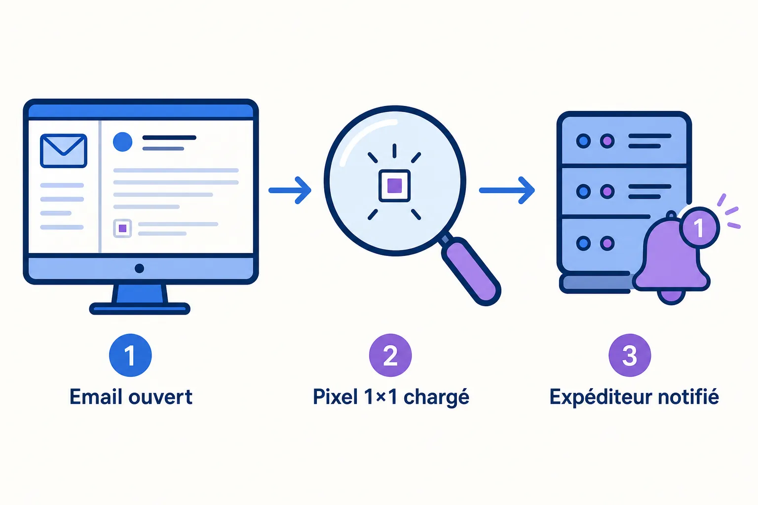 Fonctionnement d'un pixel espion : l'ouverture de l'email charge une image invisible qui notifie le serveur