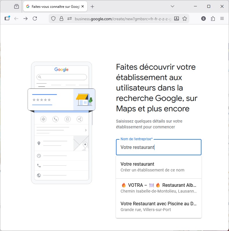 Page d'accueil Google Business : saisie du nom de l'entreprise sur business.google.com