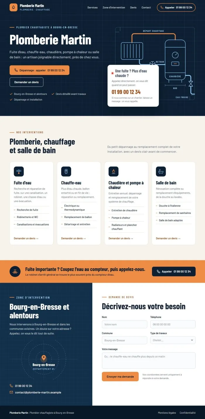 Maquette d'exemple d'un site de plombier chauffagiste : bouton d'appel en haut de page, services, zone d'intervention et demande de devis
